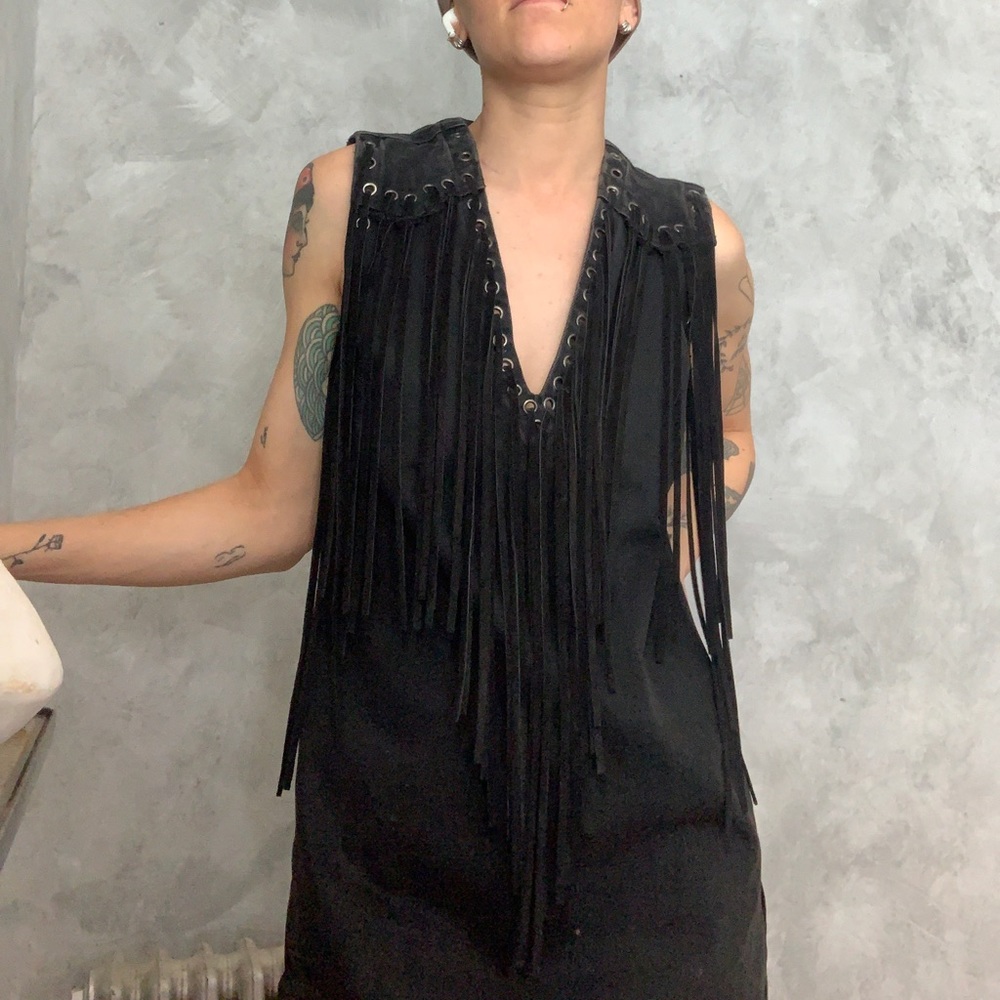 Moto denim dress with tassels